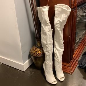 Distressed white denim thigh high boots